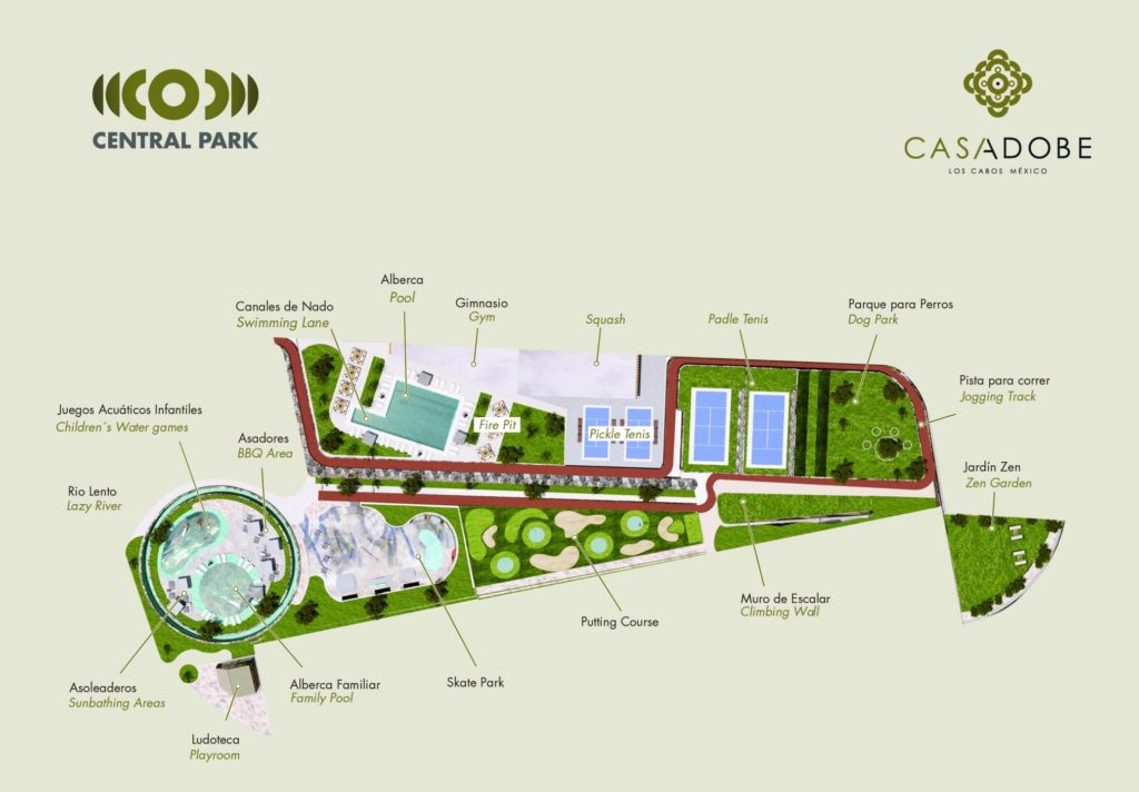 A rendering of Central Park and its amenities at Casa Adobe
