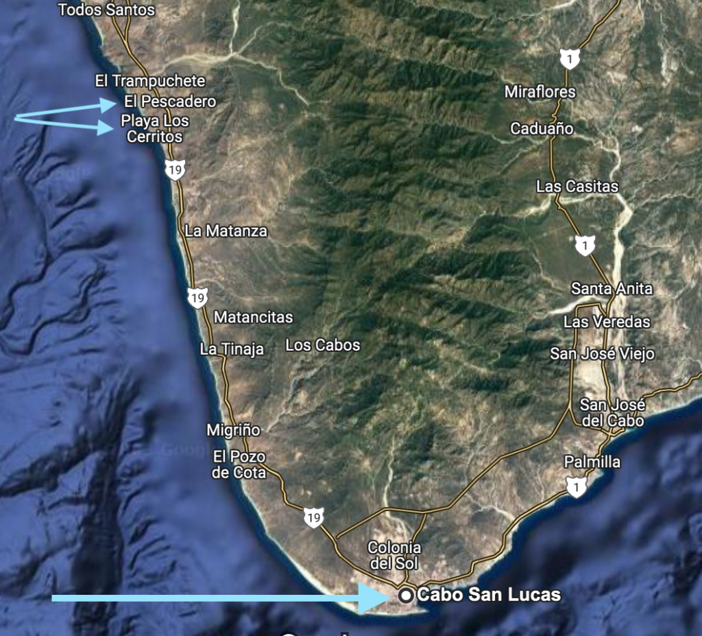 A map indicating where Cerritos and Pescadero are in relation to Cabo